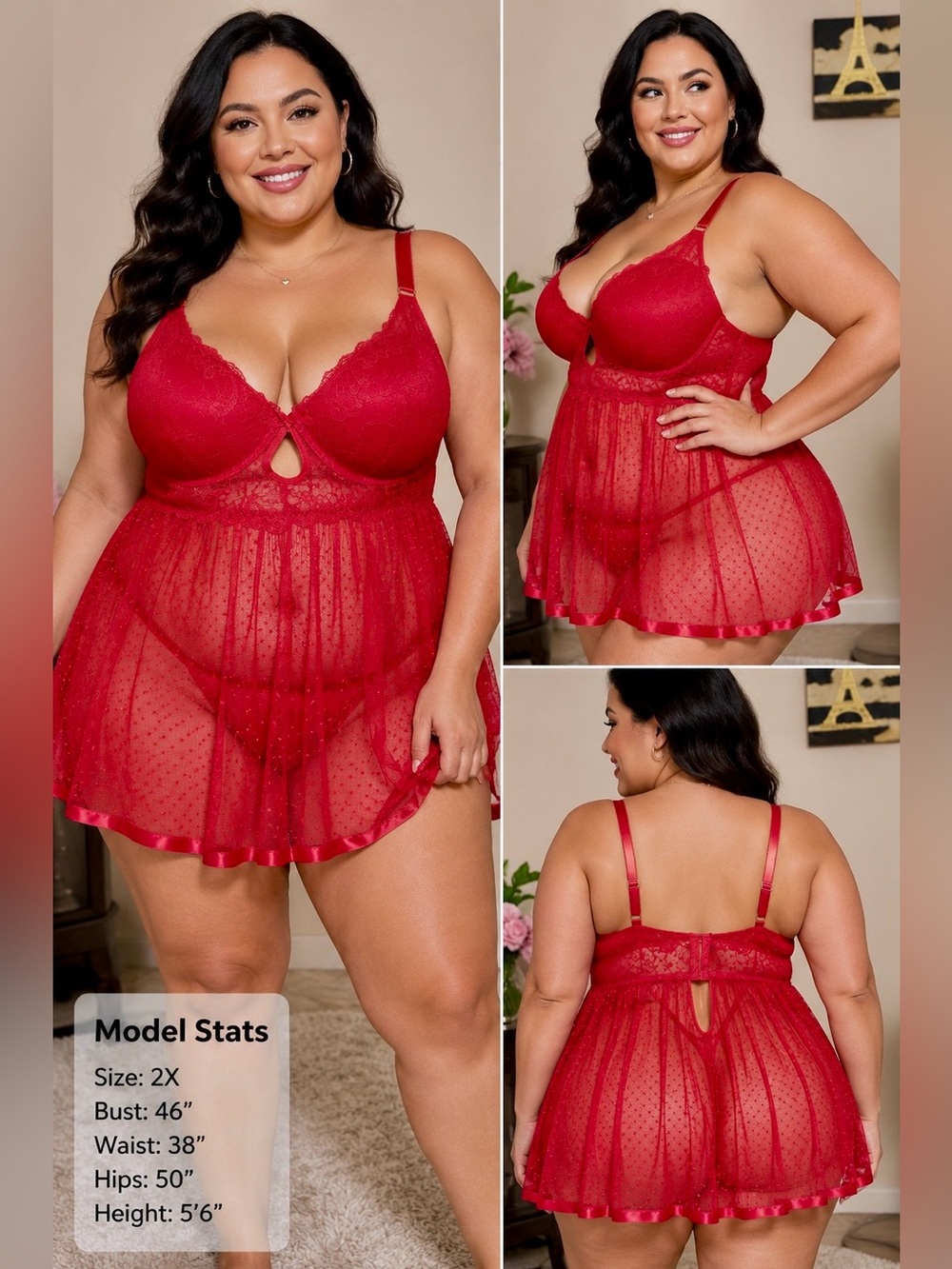 Deep Red Lace & Mesh Babydoll Lingerie Nighty